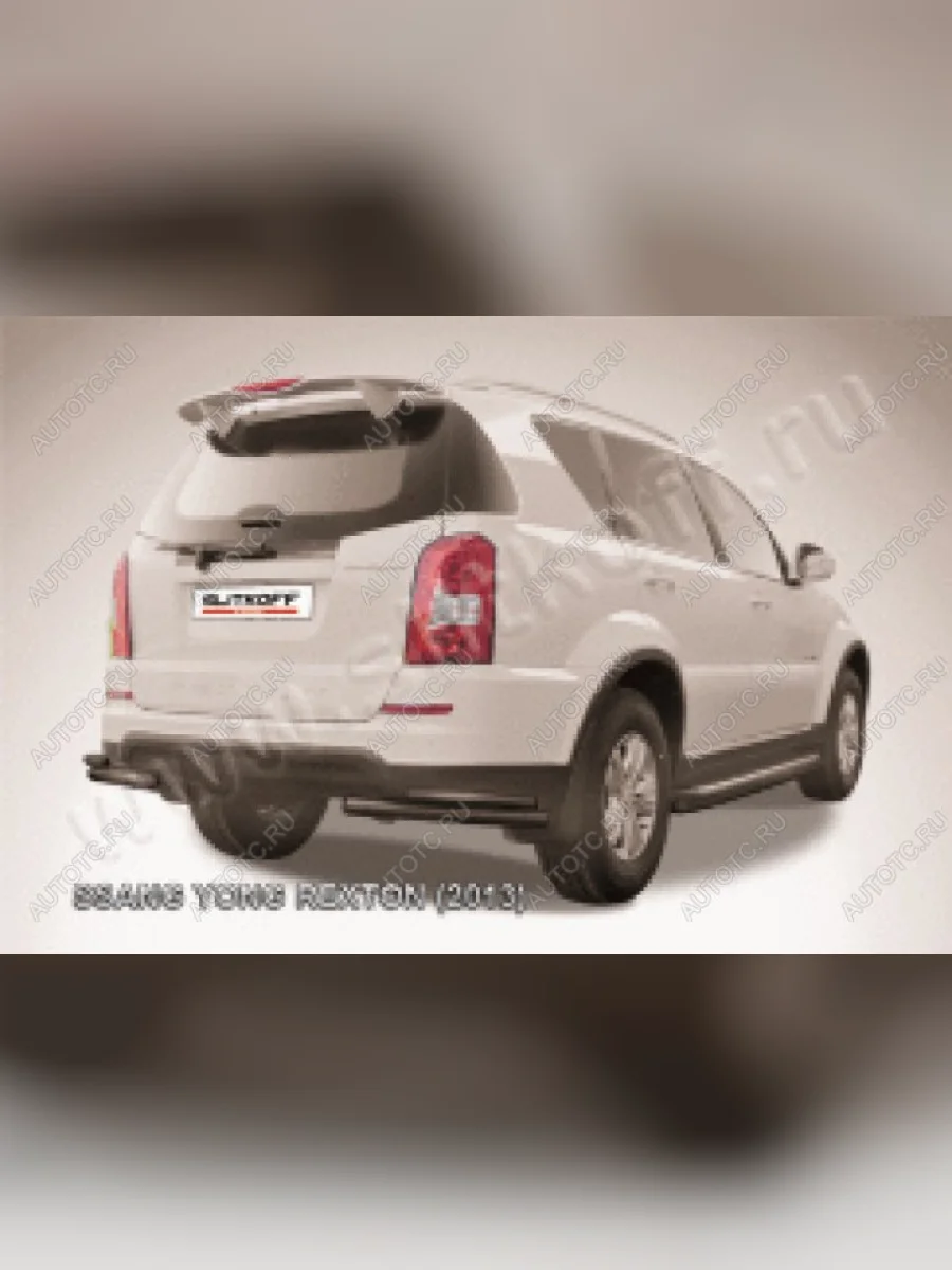Защита заднего бампера уголки d57+d42 двойные Slitkoff SSANGYONG Rexton Y290 (2012-2017) (нержавейка с полимерным покрытием в цвет черный)  с доставкой в г. Керчь