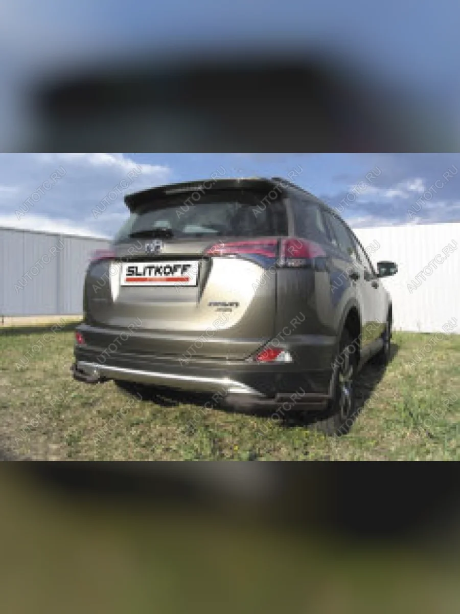 Защита заднего бампера уголки d57+d42 двойные Slitkoff Toyota RAV4 XA40 5 дв. рестайлинг (2015-2019) (нержавейка с полимерным покрытием в цвет черный)  в Перми Пермском крае