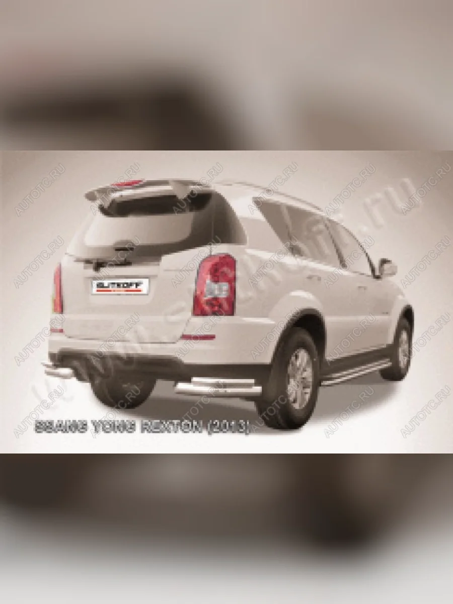 Защита заднего бампера уголки двойные d76+d42 Slitkoff SSANGYONG Rexton Y290 (2012-2017) (нержавейка полированная)  с доставкой в г. Керчь