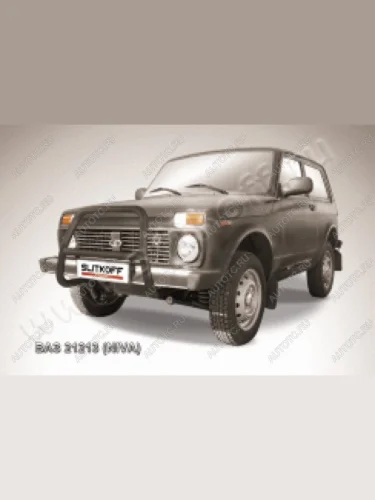 Защита переднего бампера кенгурятник d57 высокий Slitkoff (нержавейка с полимерным покрытием в цвет черный) Лада ВАЗ Нива 4х4  2121 (1977-2019) 3 дв. дорестайлинг