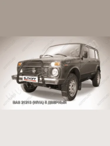 Защита переднего бампера кенгурятник d57 высокий Slitkoff (нержавейка с полимерным покрытием в цвет черный) Лада ВАЗ нива 4х4  2131 (1993-2019) 5 дв. дорестайлинг