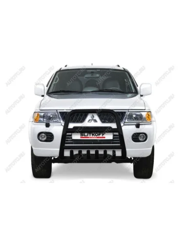 Защита переднего бампера кенгурятник d57 высокий с защитой картера Slitkoff (нержавейка с полимерным покрытием в цвет черный) Mitsubishi Pajero Sport  PA (2004-2008) рестайлинг