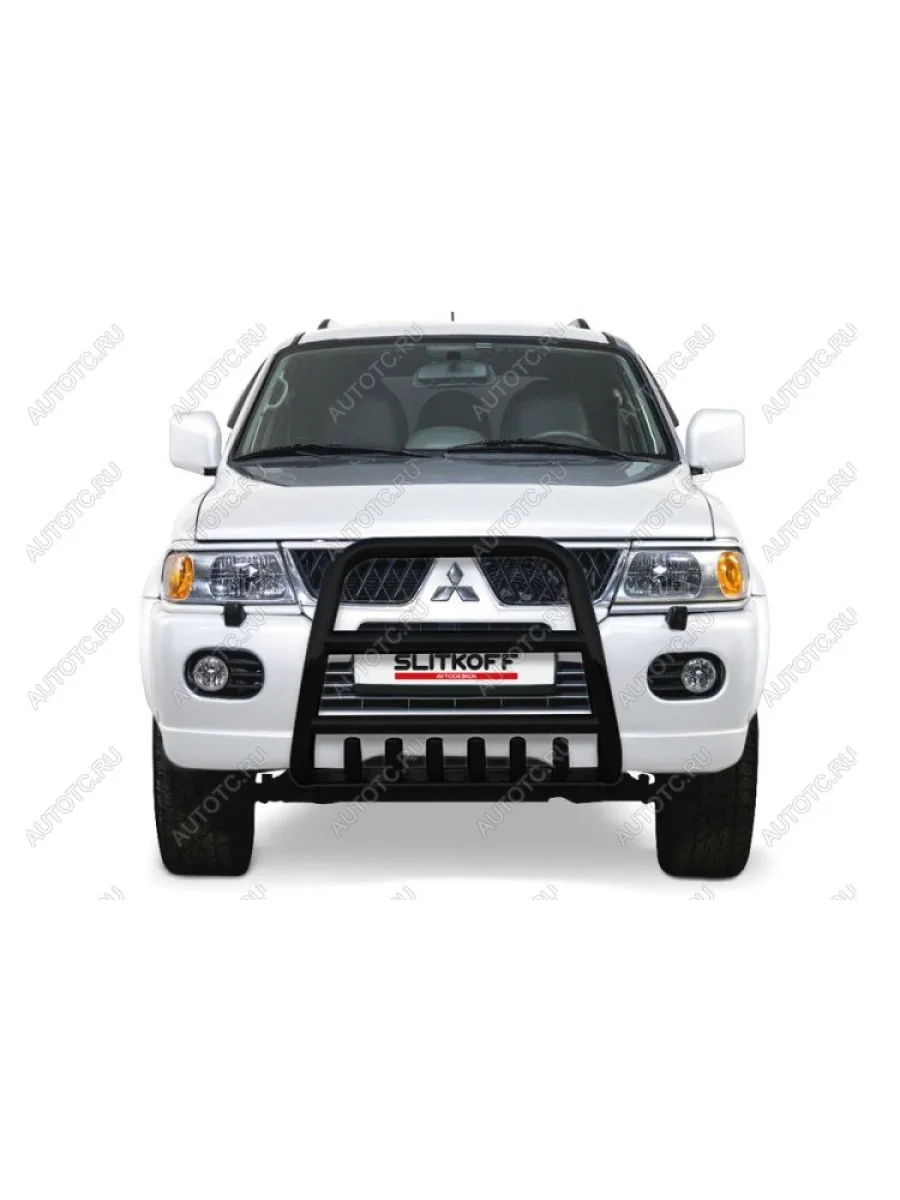 Защита переднего бампера кенгурятник d57 высокий с защитой картера Slitkoff Mitsubishi Pajero Sport PA рестайлинг (2004-2008) (нержавейка с полимерным покрытием в цвет черный)  в Воронеже Воронежской области