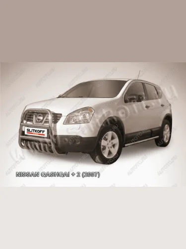 Защита переднего бампера кенгурятник d57 высокий с защитой картера Slitkoff (нержавейка с полимерным покрытием в цвет черный) Nissan Qashqai +2  1 (2008-2010) J10 дорестайлинг