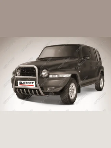 Защита переднего бампера кенгурятник d57 высокий с защитой картера Slitkoff (нержавейка с полимерным покрытием в цвет черный) ТАГАЗ Tager  5d (2008-2012)