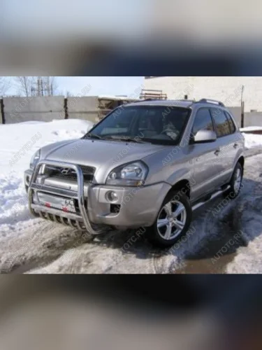 Защита переднего бампера кенгурятник d57 высокий Slitkoff (Сталь с полимерным покрытием в цвет серебристый) Hyundai Tucson  JM (2004-2010)