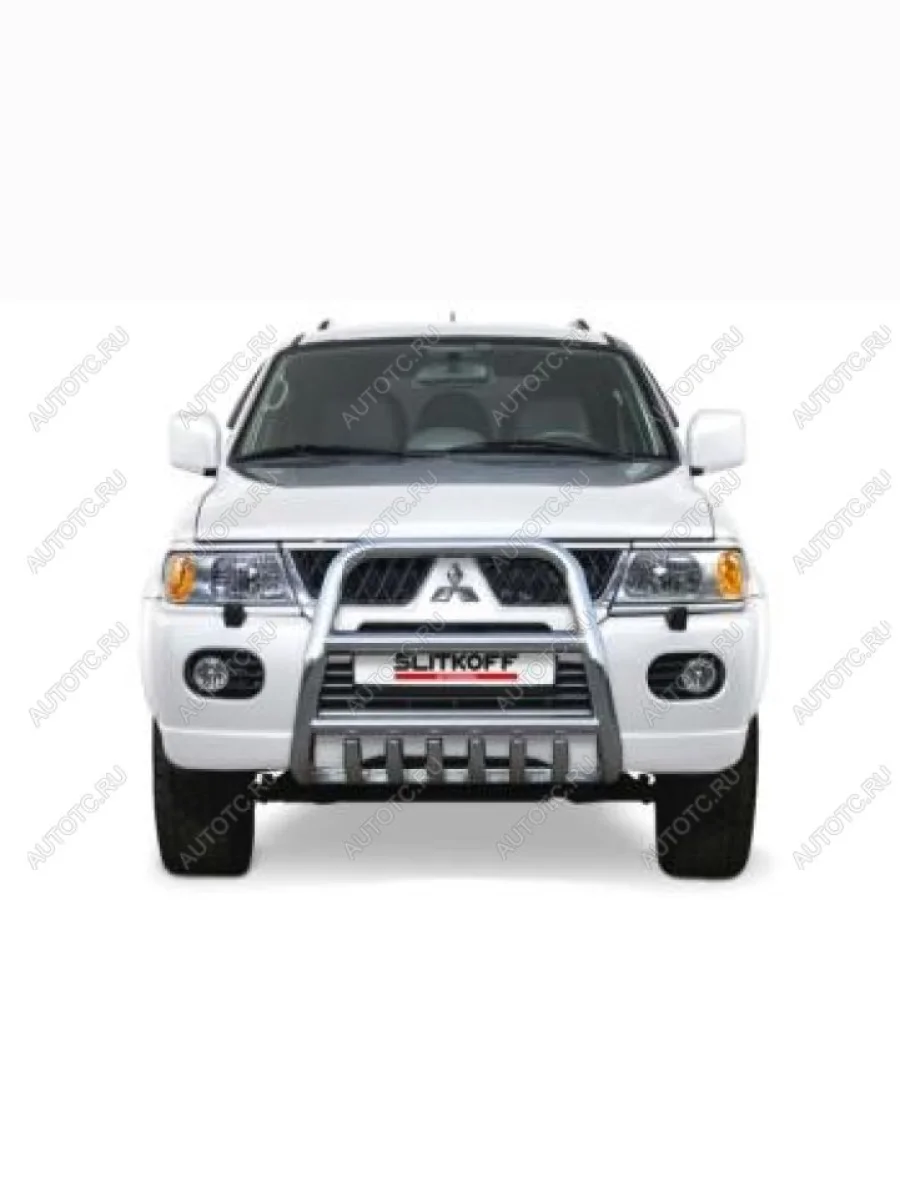 Защита переднего бампера кенгурятник d57 высокий Slitkoff Mitsubishi Pajero Sport PA рестайлинг (2004-2008) (Сталь с полимерным покрытием в цвет серебристый)  в Самаре Самарской области