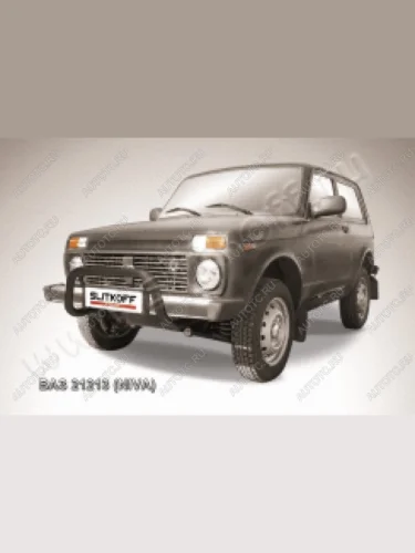 Защита переднего бампера кенгурятник d57 низкий Slitkoff (нержавейка с полимерным покрытием в цвет черный) Лада ВАЗ Нива 4х4  2121 (1977-2019) 3 дв. дорестайлинг