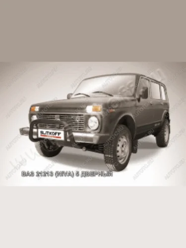 Защита переднего бампера кенгурятник d57 низкий Slitkoff (нержавейка с полимерным покрытием в цвет черный) Лада ВАЗ нива 4х4  2131 (1993-2019) 5 дв. дорестайлинг