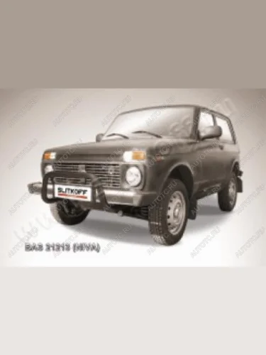 Защита переднего бампера кенгурятник d57 низкий Slitkoff ( Сталь с полимерным покрытием в цвет черный) Лада ВАЗ Нива 4х4  2121 (1977-2019) 3 дв. дорестайлинг