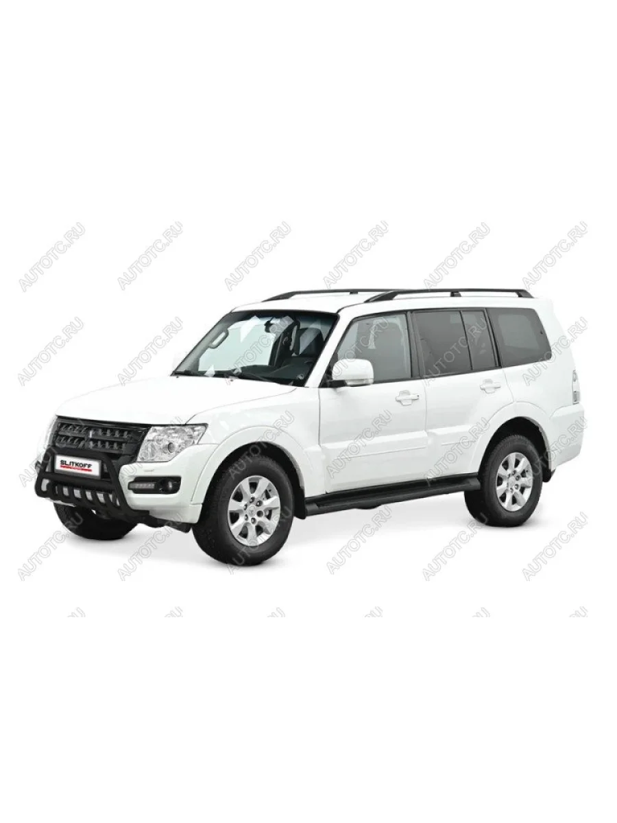 Защита переднего бампера кенгурятник d76 высокий с защитой картера Slitkoff  Mitsubishi Pajero (2006-2020) 4 V90, 4 V80 (нержавейка с полимерным покрытием в цвет черный)  в Самаре Самарской области