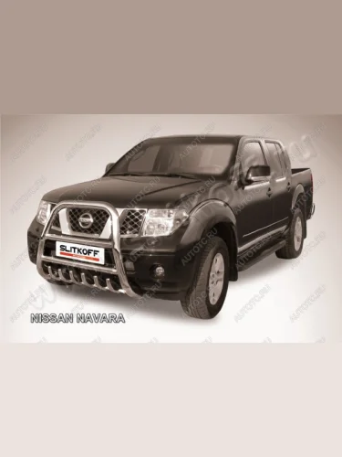 Защита переднего бампера кенгурятник d76 высокий с защитой картера Slitkoff (нержавейка с полимерным покрытием в цвет черный) Nissan Navara  2 D40 (2004-2016) дорестайлинг, рестайлинг