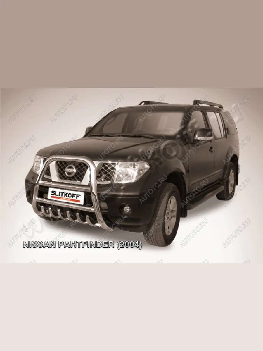 Защита переднего бампера кенгурятник d76 высокий с защитой картера Slitkoff  Nissan Pathfinder (2004-2007) R51 (нержавейка с полимерным покрытием в цвет черный)  в Самаре Самарской области