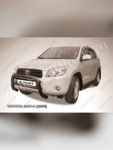 Защита переднего бампера кенгурятник d76 низкий Slitkoff (нержавейка с полимерным покрытием в цвет черный) Toyota RAV4  XA305 (2005-2009) 5 дв. дорестайлинг