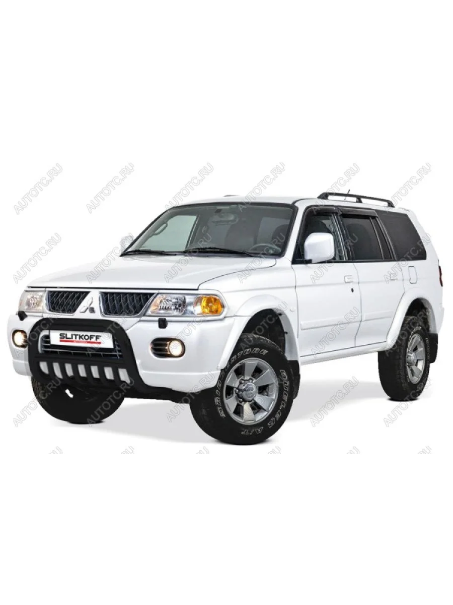 Защита переднего бампера кенгурятник d76 низкий с защитой картера Slitkoff Mitsubishi Pajero Sport PA рестайлинг (2004-2008) (нержавейка с полимерным покрытием в цвет черный)  в Керчи Республика Крым
