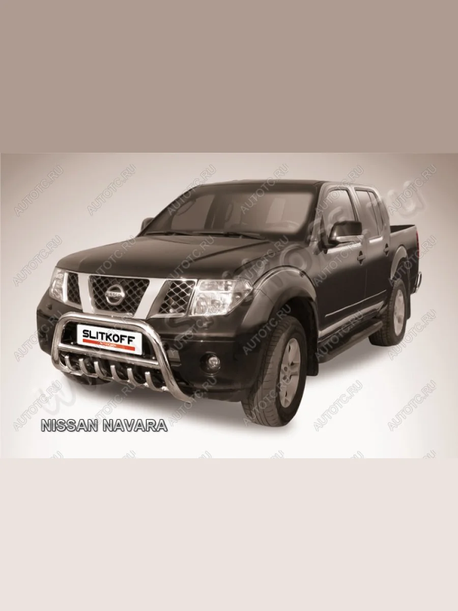 Защита переднего бампера кенгурятник d76 низкий с защитой картера Slitkoff Nissan Navara 2 D40 рестайлинг (2010-2016) (нержавейка с полимерным покрытием в цвет черный)  в Керчи Республика Крым