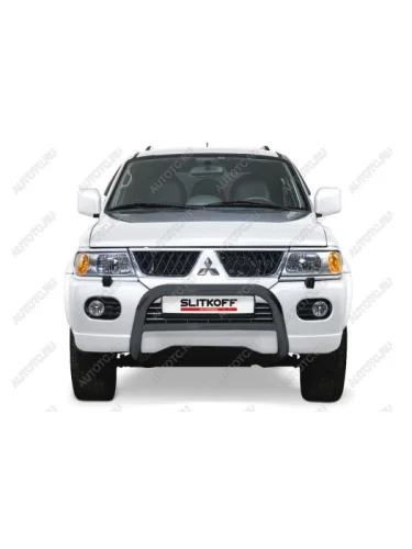 Защита переднего бампера кенгурятник d76 низкий Slitkoff ( Сталь с полимерным покрытием в цвет черный) Mitsubishi Pajero Sport  PA (2004-2008) рестайлинг