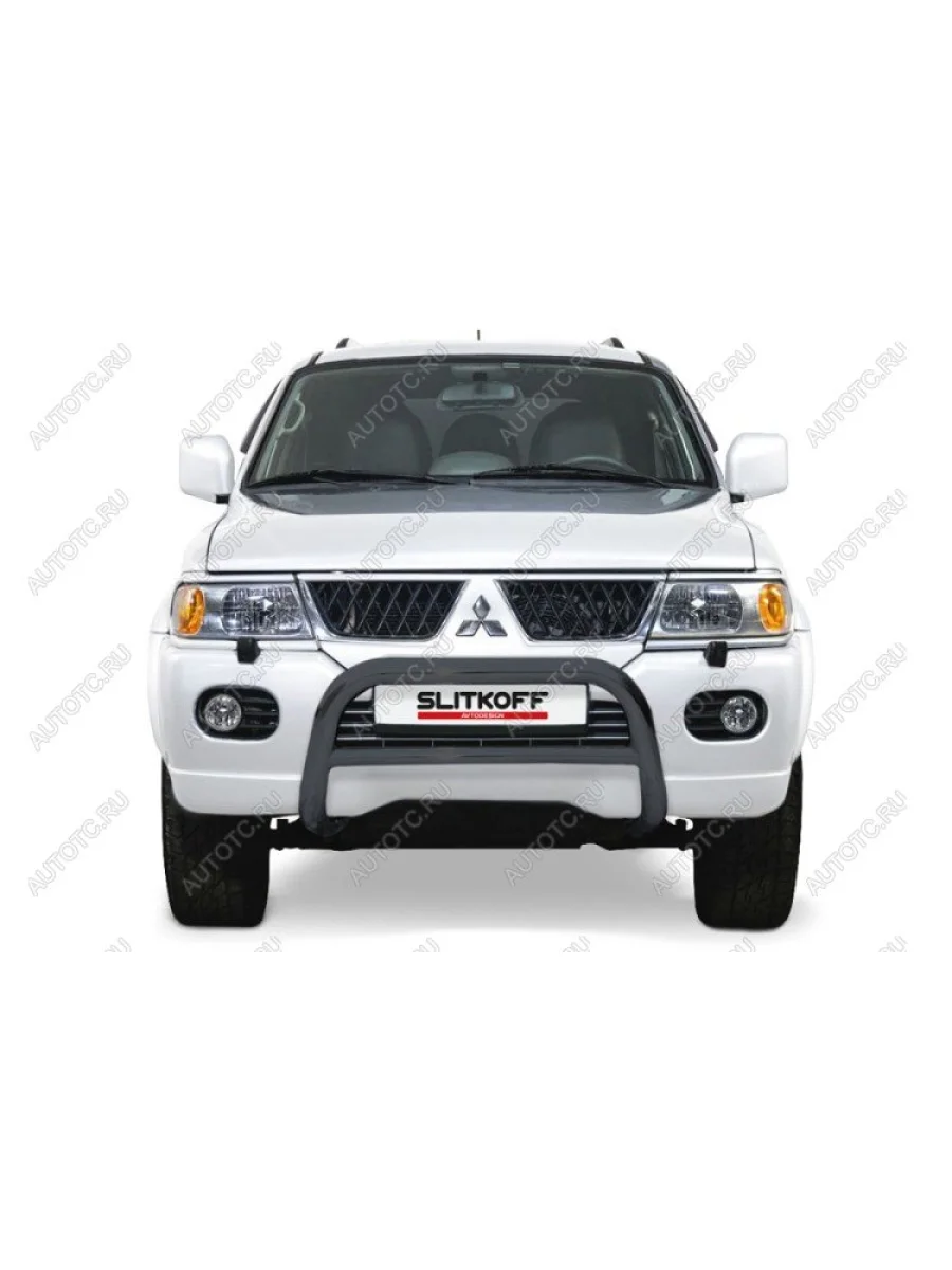 Защита переднего бампера кенгурятник d76 низкий Slitkoff Mitsubishi Pajero Sport PA рестайлинг (2004-2008) ( Сталь с полимерным покрытием в цвет черный)  в Воронеже Воронежской области