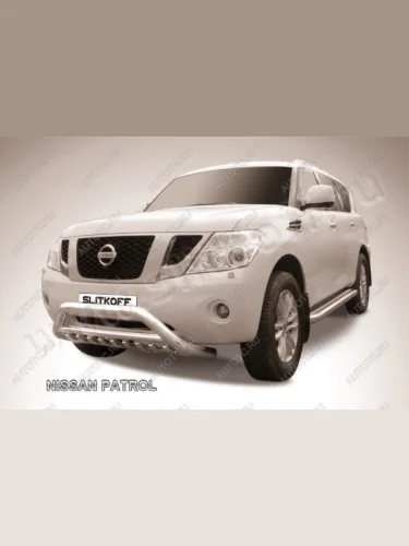 Защита переднего бампера кенгурятник d76 низкий широкий с ЗК и перемычкой Slitkoff (нержавейка с полимерным покрытием в цвет черный) Nissan Patrol  6 (2010-2014) Y62 дорестайлинг
