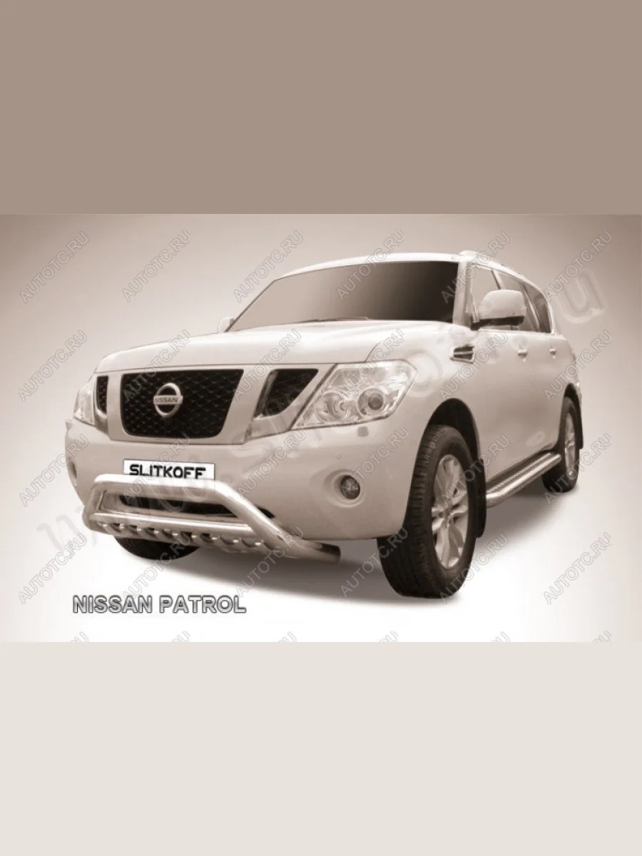 Защита переднего бампера кенгурятник d76 низкий широкий с ЗК и перемычкой Slitkoff  Nissan Patrol (2010-2014) 6 (нержавейка с полимерным покрытием в цвет черный)  в Самаре Самарской области
