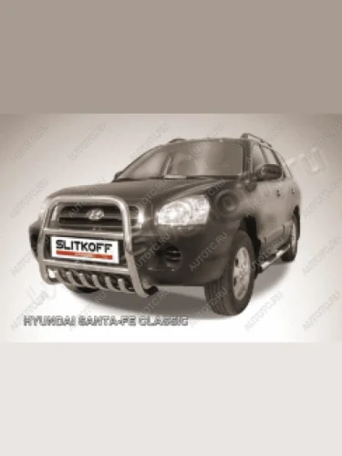 Защита переднего бампера кенгурятник d57 высокий с защитой картера Sitkoff (нержавейка с полимерным покрытием в цвет черный) Hyundai Santa Fe  SM (2000-2012)