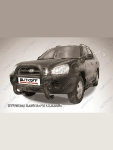 Защита переднего бампера кенгурятник d76 высокий Slitkoff (нержавейка с полимерным покрытием в цвет черный) Hyundai Santa Fe  SM (2000-2012)