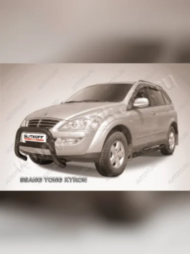 Защита переднего бампера кенгурятник низкий d76 Slitkoff (нержавейка с полимерным покрытием в цвет черный) SSANGYONG Kyron рестайлинг (2007-2016)