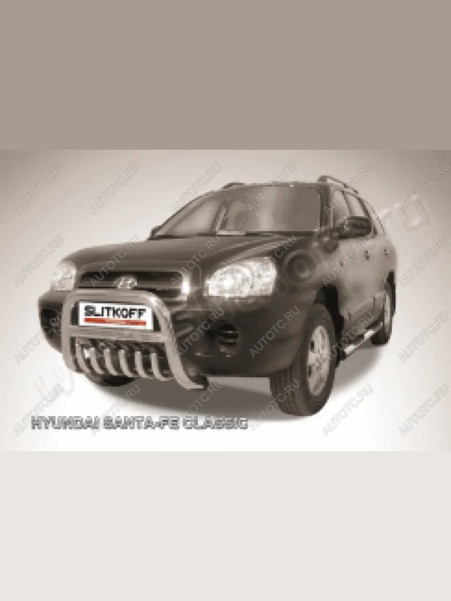 Защита переднего бампера кенгурятник низкий с защитой картера d76 Slitkoff  Hyundai Santa Fe (2000-2012) SM (нержавейка с полимерным покрытием в цвет черный)  в Самаре Самарской области