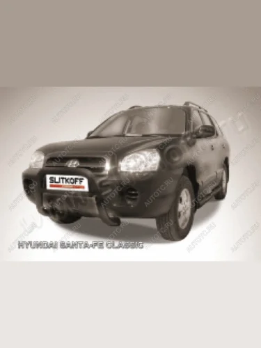 Защита переднего бампера кенгурятник низкий d76 Slitkoff (нержавейка с полимерным покрытием в цвет черный) Hyundai Santa Fe  SM (2000-2012)