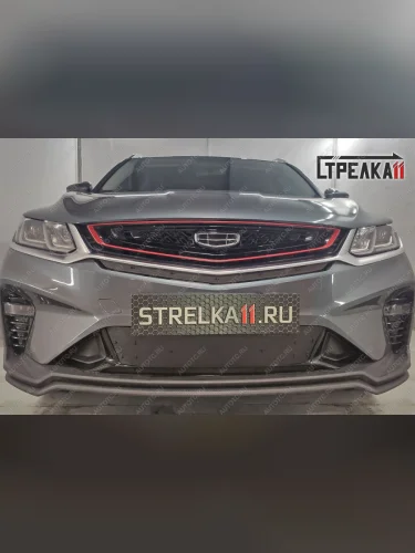Зимняя защита на стяжке (центр) Стрелка11 (черная) Geely Coolray SX11 дорестайлинг (2018-2023)