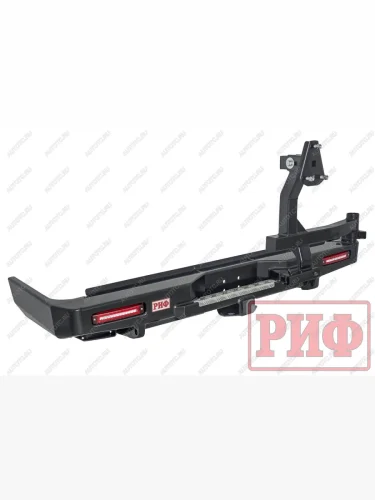 Бампер задний силовой (с квадратом под фаркоп, калиткой и фонарями) РИФ (черный) Toyota Land Cruiser  76 (2014-2016) 5 дв. 3-ий рестайлинг