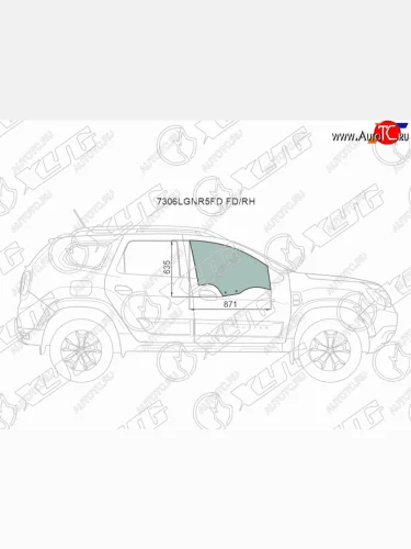 Стекло боковое опускное (Спереди Справа Цвет зеленый) Renault Duster 21-  Dacia Duster 17- XYG 7306RGNR5FD FD/RH