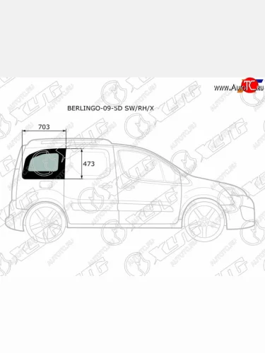 Стекло кузова боковое (не опускное) (Справа Цвет зеленый) Citroen Berlingo 08-22  Peugeot Partner XYG BERLINGO-09-5D SW/RH/X