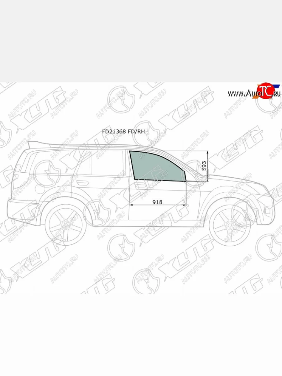 Стекло боковое опускное (Спереди Справа Цвет зеленый) Great Wall Hover 05-10  Hover H3 10-16  Ho XYG FD21368 FD/RH  в Керчи Республика Крым
