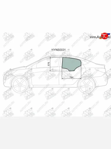 Стекло боковое опускное (Сзади Слева Цвет зеленый) Hyundai Solaris 10-17  Accent 11-17            KMK HYNS0031