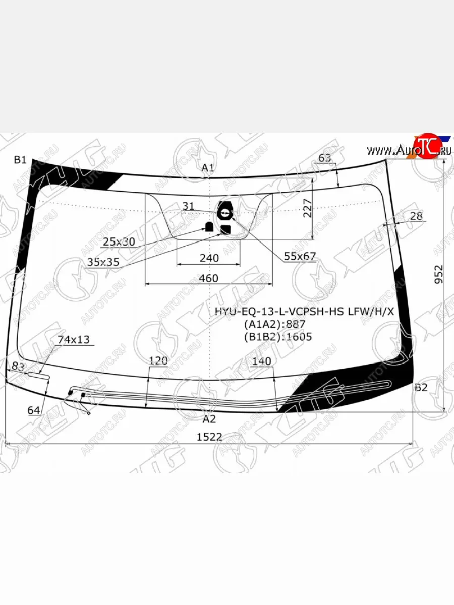 Стекло лобовое (обогрев щеток, датчик дождя, место под датчик запотевания, круглый датчик дождя) XYG  Hyundai Equus (2009-2016) (зеленое)  в Керчи Республика Крым