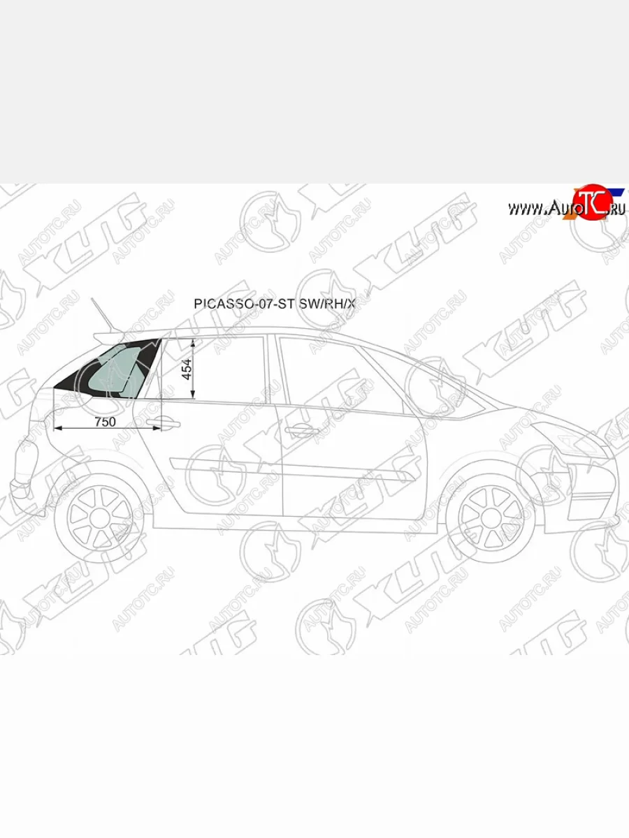 Стекло кузова боковое (не опускное) (Справа Цвет зеленый) Citroen C4 Picasso 07-14 XYG PICASSO-07-ST SW/RH/X  в Воронеже Воронежской области