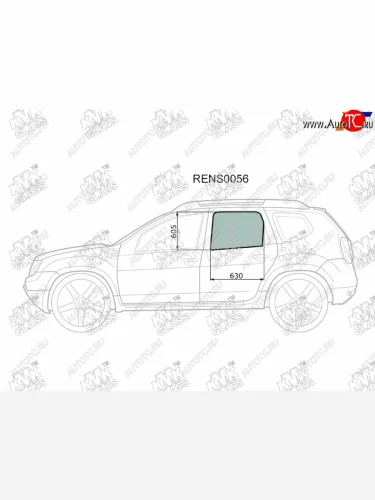 Стекло боковое опускное (Сзади Слева Цвет зеленый) Nissan Terrano 14-22  Renault Duster 10-21  D KMK RENS0056