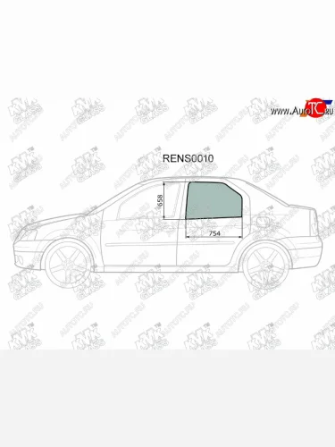 Стекло боковое опускное (Сзади Слева Цвет зеленый) Renault Logan 04-  Sandero 14-  Dacia Logan 0 KMK RENS0010