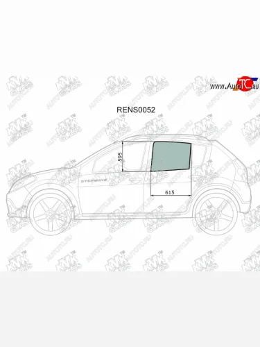Стекло боковое опускное (Сзади Слева Цвет зеленый) Renault Sandero 09-14  Dacia Sandero 08-12  R KMK RENS0052