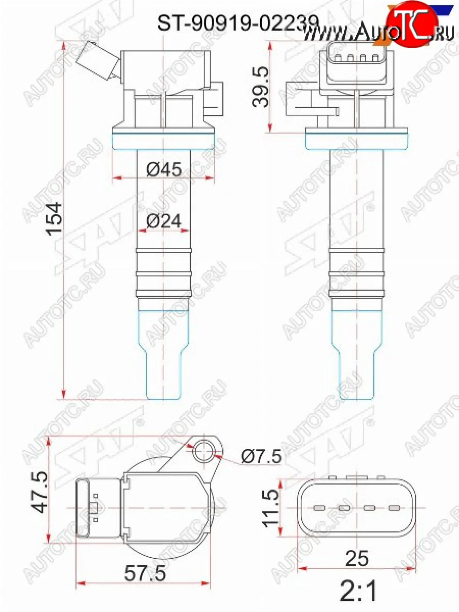 Катушка зажигания TOYOTA 1ZZ-FE 00- ZZE12#ZZT24#ZZV50ZCT10ZCA2#1KR-FE 04- KSP9#KGC1#3SG-G# SX SAT ST-90919-02239  в Самаре Самарской области