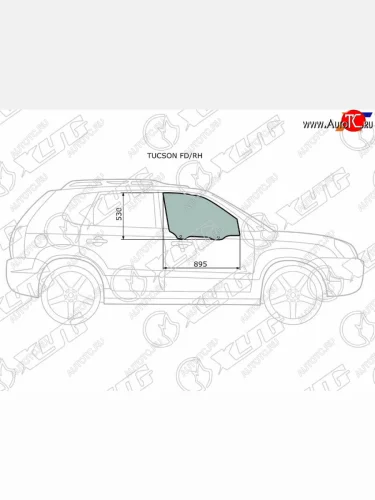 Стекло боковое опускное (Спереди Справа Цвет зеленый) Hyundai Tucson 04-09 XYG TUCSON FD/RH
