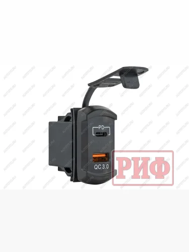 Розетка USB Type PD, QC 3.0 с вольтметром, синяя подсветка РИФ rif22-4-41480
