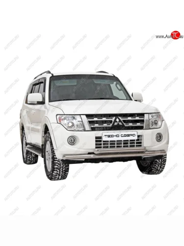 Защита переднего бампера (труба двойная) (d63.5) Техно Сфера (нержавейка) Mitsubishi Pajero ( 4 V90,  4 V80) (2006-2020) дорестайлинг, 1-ый рестайлинг, 3 дв. 1-ый рестайлинг, 2-ой рестайлинг