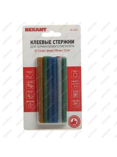 Стержень клеевой 7.4х100мм цветной (с блестками) 12шт. в блистере REXANT REXANT 09-1025