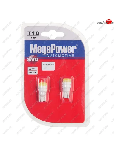 Лампа светодиодная 12V W5W T10 W2.1x9.5d 6000K блистер (2шт.) MEGAPOWER MEGAPOWER-AUTOMOTIVE 10115w-2бл