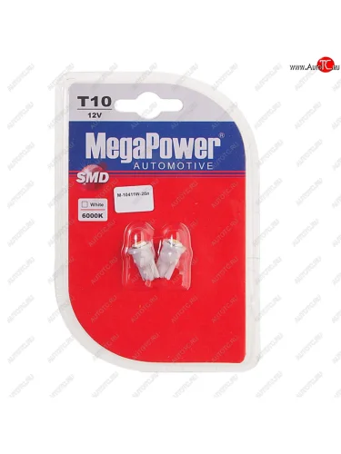 Лампа светодиодная 12V W5W T10 W2.1x9.5d 6000K блистер (2шт.) MEGAPOWER MEGAPOWER-AUTOMOTIVE 10411w-2бл