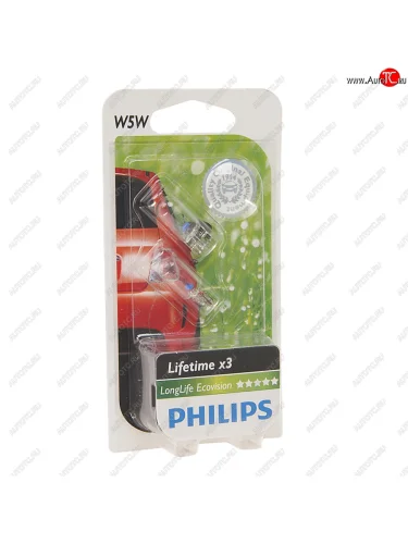 Лампа 12V W5W T10W W2.1x9.5d блистер (2шт.) Long Life Eco Vision PHILIPS PHILIPS 12961llecob2