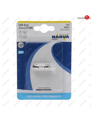 Лампа светодиодная 12V C5W 0.6W SV8.5 30мм двухцокольная блистер (1шт.) Range Perfomance LED NARVA NARVA 180754000 NARVA 180754000