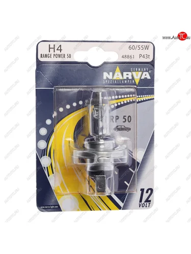 Лампа 12V H4 6055W P43t-38 +50% блистер (1шт.) Range Power 50+ NARVA NARVA 488614000
